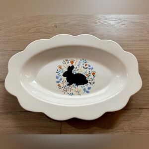 White Floral Bunny Oval Ceramic Platter with Scalloped Edge, Easter